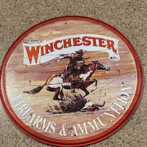 Winchester Round Metal Sign - Red and Brown Western Design